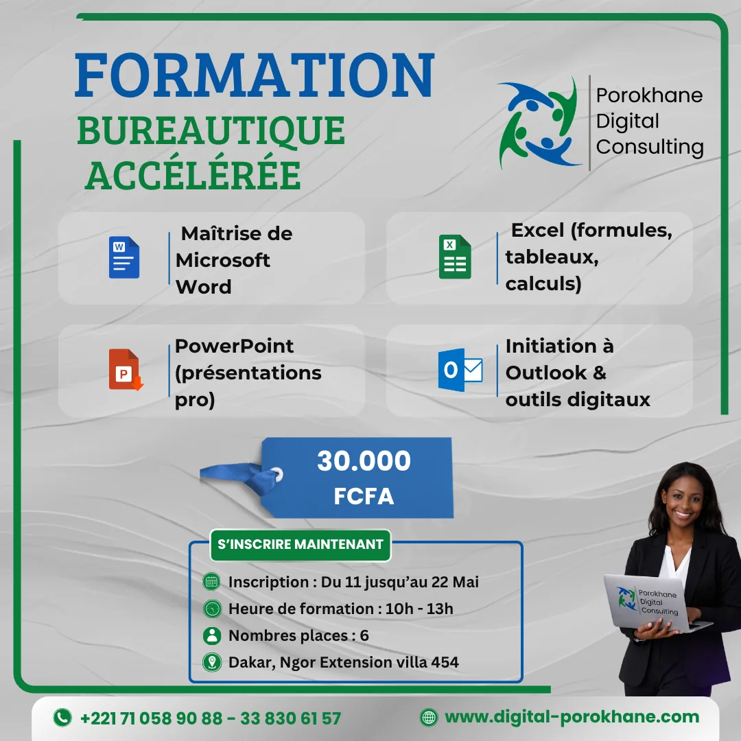 Formation Bureautique - Programme complet Porokhane Digital Consulting